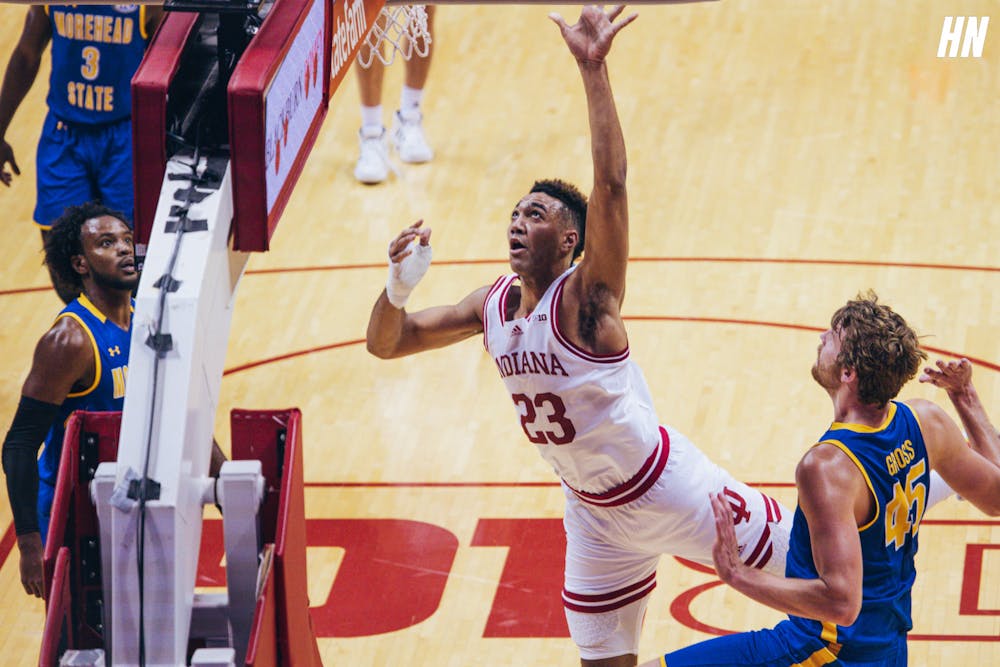 <p>Indiana junior center Trayce Jackson-Davis takes a shot during Indiana&#x27;s win over Morehead State on Monday night. (HN photo/Eden Snower)</p>
