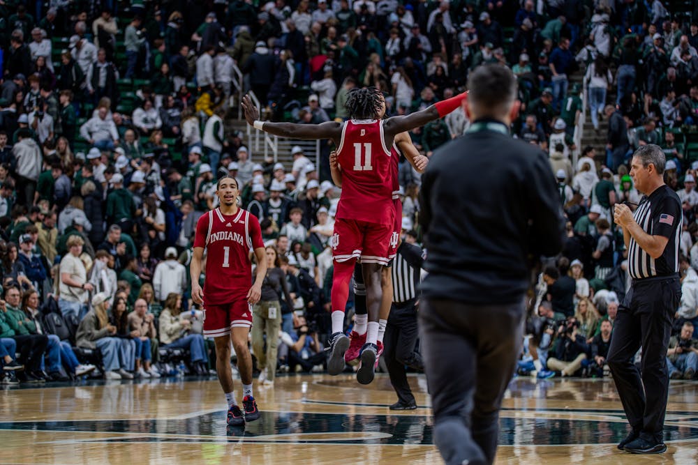 Oumar Ballo and Malik Reneau celebrate in Indiana's road win over No. 11 Michigan State on Feb. 11, 2025. (HN photo/Danielle Stockwell)