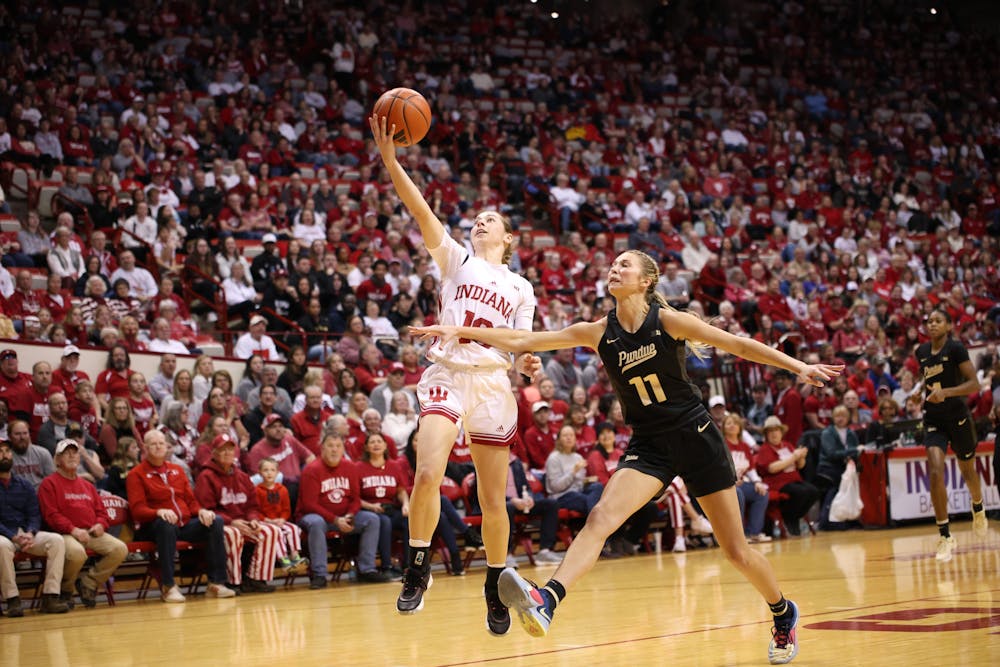 Shay Ciezki takes a shot in transition during Indiana's win over Purdue on Feb. 15, 2025. (HN photo/Jaren Himelick)