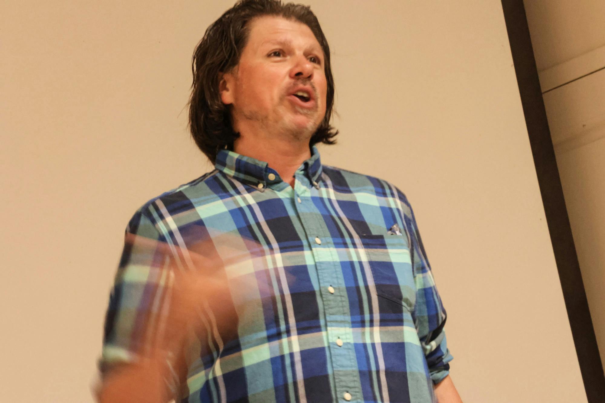 Galen Clavio speaking in Professor Layton's classroom during a seminar about NIL and athletics on October 12, 2022