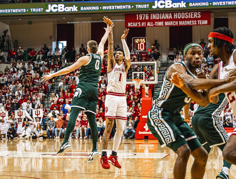 Kel'el Ware takes a shot during Indiana's Senior Night win over Michigan State on March 10, 2024. (HN photo/Nicholas McCarry)