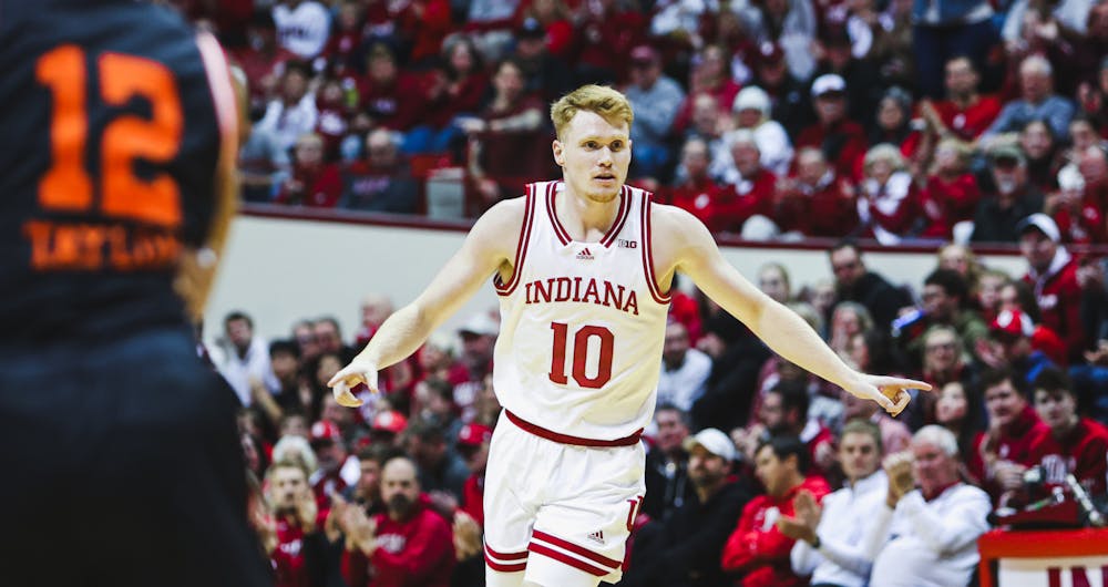 Indiana forward Luke Goode sets for defense in the Hoosiers' 97-71 win over Sam Houston on Dec. 3, 2024. (HN photo/Weber Michell)