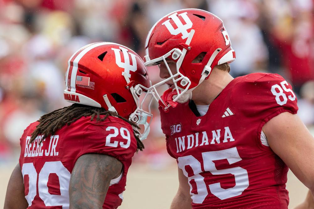 <p>Andrew Barker (85) and Lee Beebe Jr. (29) celebrate a big run during Indiana&#x27;s 55-0 win over Howard on Sept. 12, 2026. (HN Photo/Sophie Doyne)﻿</p>