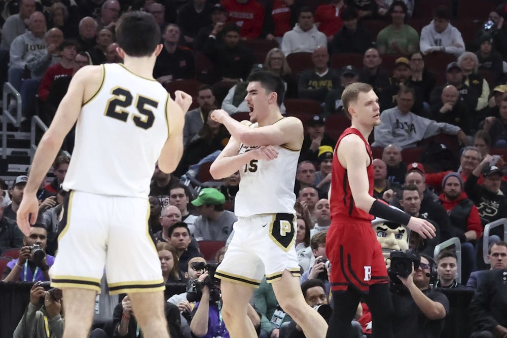 Purdue center Zach Edey reacts after scoring against Rutgers in the first half at Big Ten Tournament at the United Center on March 10, 2023.
