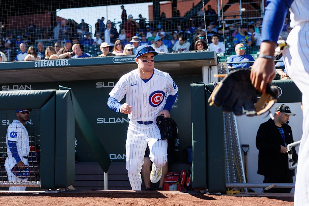 Matt Shaw steps onto the field before the Chicago Cubs play the Texas Rangers in a Cactus League game at Sloan Park on Saturday, Feb. 21, 2026, in Mesa, Arizona. (Armando L. Sanchez/Chicago Tribune/TNS)