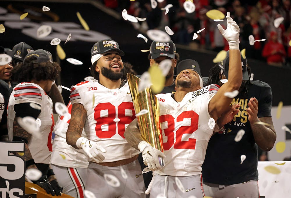 Ohio State Buckeyes celebrate after defeating the Notre Dame Fighting Irish to win the 2025 CFP National Championship at Mercedes-Benz Stadium in Atlanta on Monday, January 20, 2025. (David Petkiewicz/Tribune Content Agency)