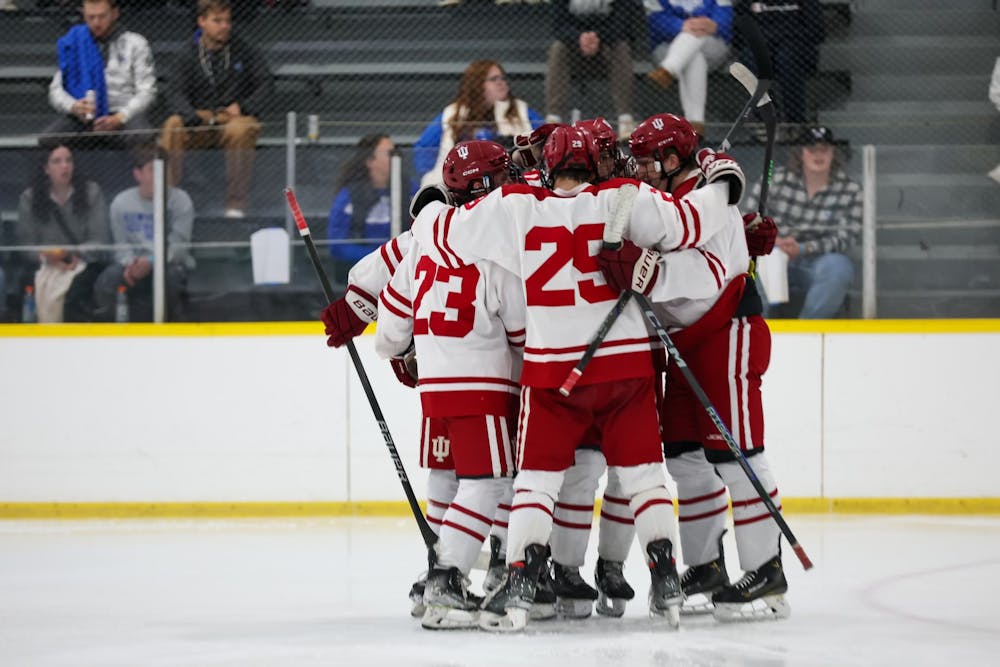 <p>The Indiana hockey team huddles during a loss to Ohio in September 2024. (Alyssa Nelson/IU Hockey)﻿</p>