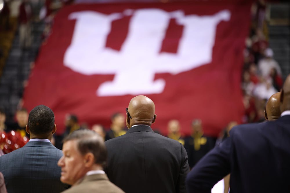 Indiana head coach Mike Woodson (center) faces an IU flag during Indiana's loss to Michigan on Feb. 8, 2025. (HN photo/Jaren Himelick)