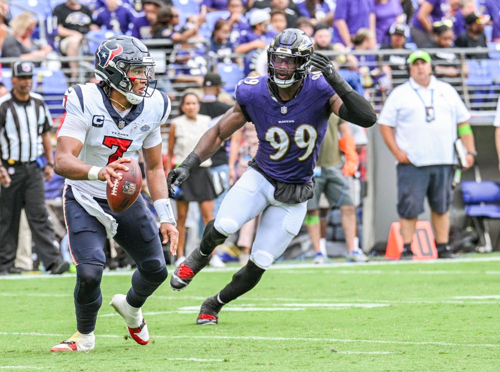 Baltimore Ravens Odafe Oweh pressures Houston Texans quarterback C.J. Stroud as the Baltimore Ravens defeat the Houston Texans 25-9 in the season opener at M&T Bank Stadium. (Jerry Jackson/Tribune Content Agency)