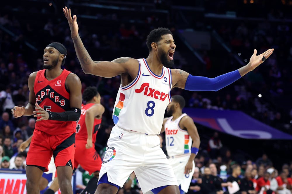 Sixers' Paul George finished with 14 points on 5-for-12 shooting against the Raptors. (Charles Fox/Tribune Content Agency)