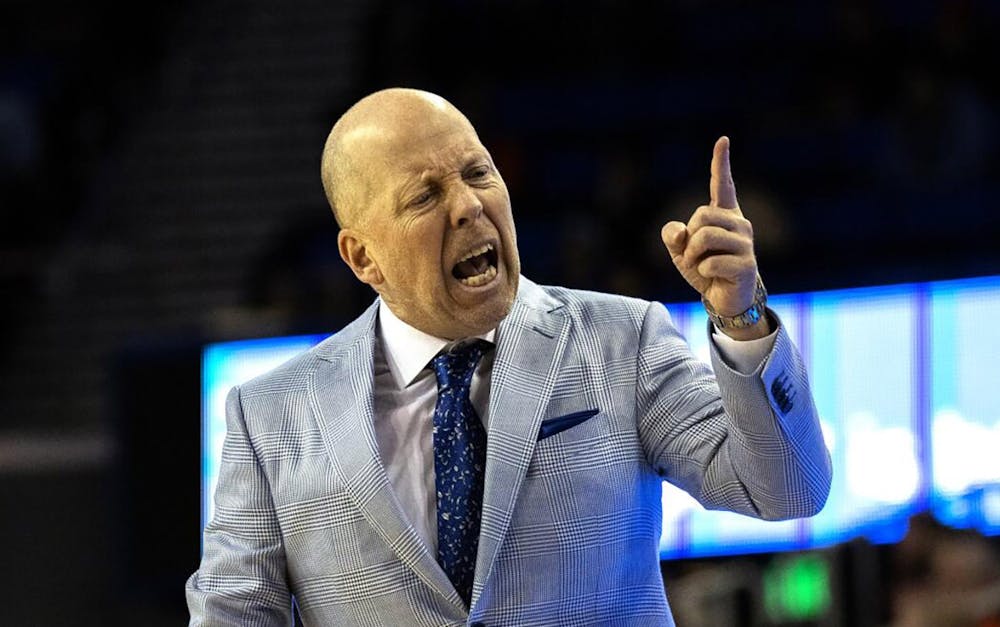 UCLA head coach Mick Cronin is animated on the sidelines against Oregon State at Pauley Pavilion on Feb. 1, 2024, in Los Angeles. (Gina Ferazzi/Los Angeles Times/TNS)