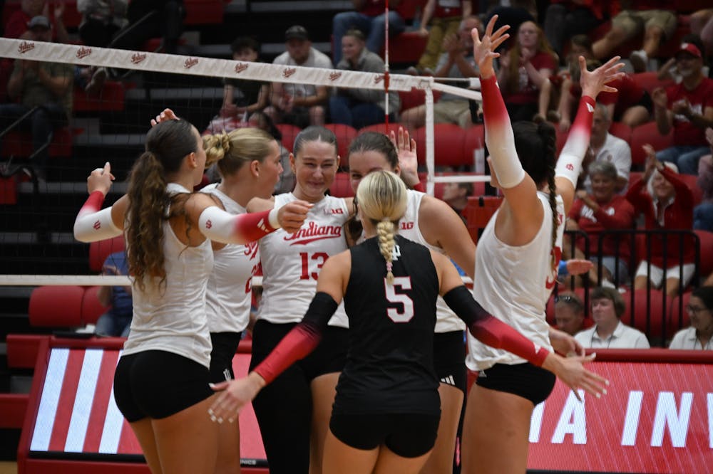 Indiana players celebrate a point during Indiana's win over Western Michigan on Sept. 5, 2025. (HN photo/Dapho Sproles)