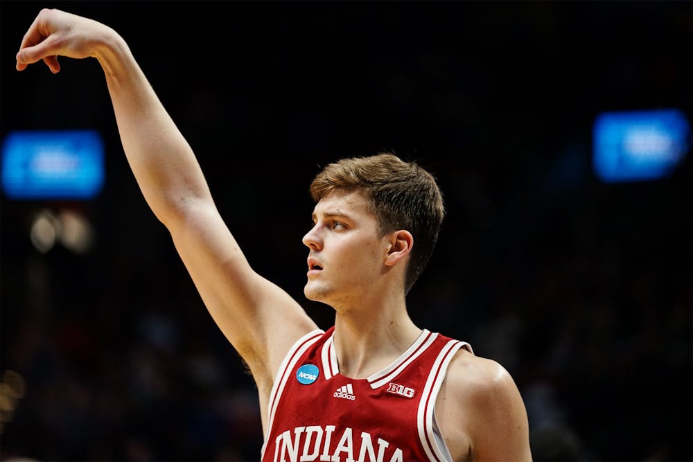 Indiana forward Miller Kopp holds his shooting motion during Indiana's loss to St. Mary's in the 2022 NCAA Tournament. (HN photo/Max Wood)