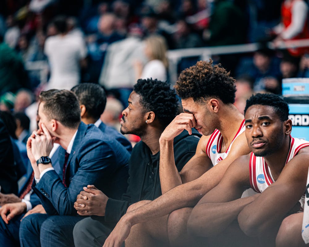 <p>Indiana players react in the closing moments of Indiana&#x27;s 85-69 loss to Miami in the NCAA Tournament&#x27;s Round of 32 on March 19. (HN photo/Cam Schultz)</p>