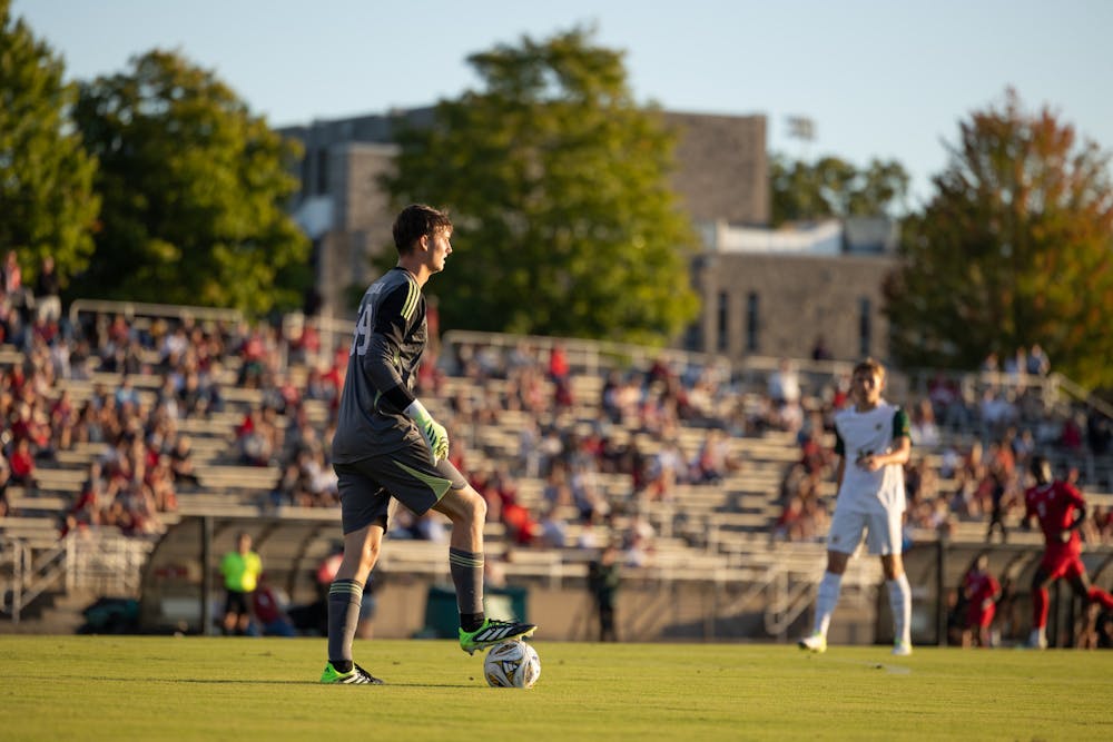 <p>Goalkeeper Holden Brown looks to pass upfield during Indiana&#x27;s win over San Francisco on Aug. 24, 2025. (HN photo/Kallan Graybill)</p>