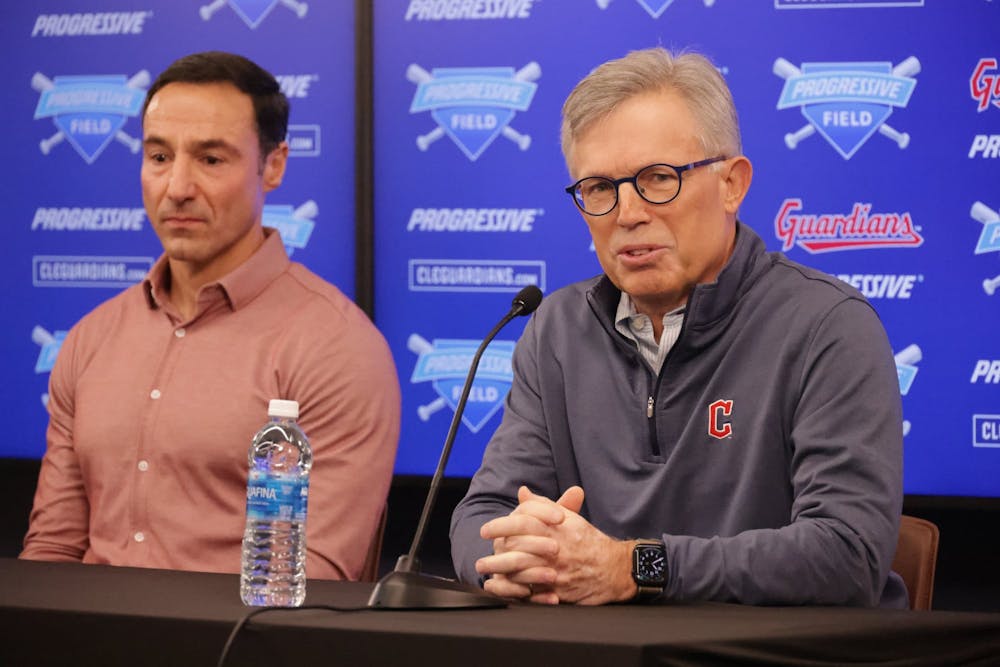 Guardians owner Paul Dolan (right) and Chris Antonetti, president of baseball operations, talk to reporters Thursday during the announcement of Jose Ramirezs seven-year $175 million contract extension. (David Petkiewicz/Tribune Content Agency)