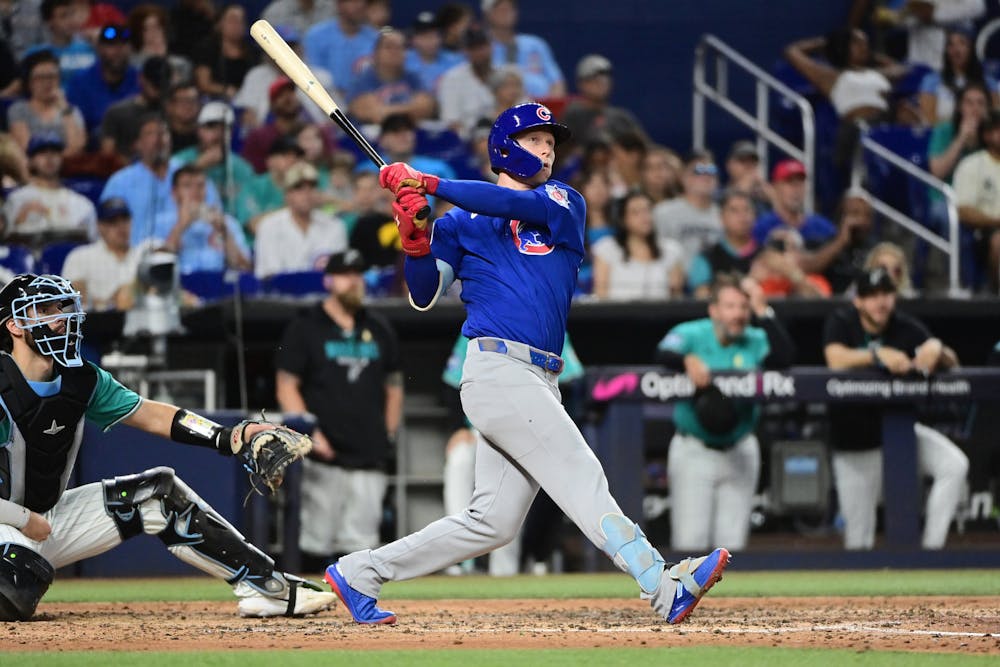Pete Crow-Armstrong (4) of the Chicago Cubs hits a solo home run in the fifth inning against the Miami Marlins at loanDepot park on Sunday, Sept. 6, 2026, in Miami. This was his 40th home run this season. (JC Ruiz/Getty Images/TNS)