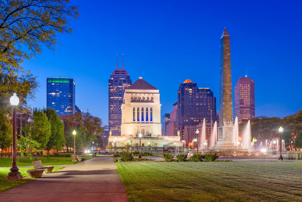 Indianapolis, IN, USA war memorials and skyline. (Sean Pavone/Dreamstime/TNS)