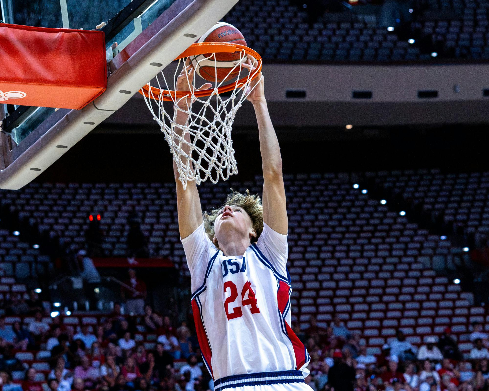Vaughn Karvala dunks during Indiana's exhibition win over Collège Jean-de-Brébeuf (Team Canada) on July 15, 2026 as Simon Skjodt Assembly Hall. (HN photo/Lauren McKinney)