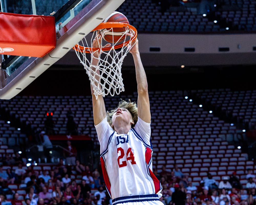 Vaughn Karvala dunks during Indiana's exhibition win over Collège Jean-de-Brébeuf (Team Canada) on July 15, 2026 as Simon Skjodt Assembly Hall. (HN photo/Lauren McKinney)