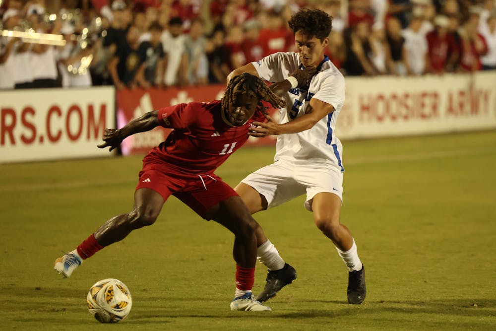 <p>Collins Oduro battles for the ball during Indiana&#x27;s win over St. Louis on Sept. 3, 2025. (HN photo/Lindsey Soet)</p>