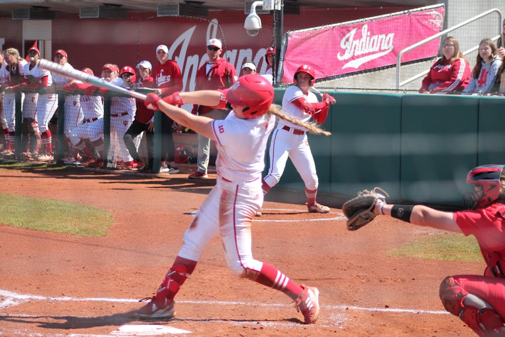 Taryn Kern hits a first-inning home run in Indiana's win over Ohio State on April 2. (HN photo/Marley Reback)