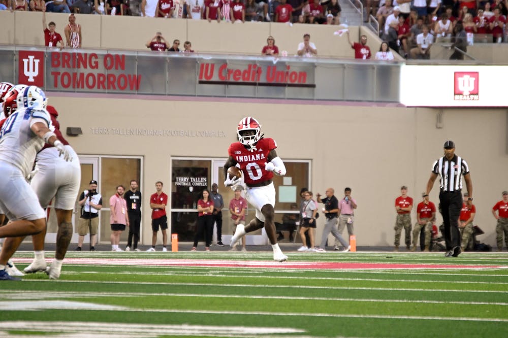 <p>Indiana punt returner Jonathan Brady brings the ball upfield during Indiana's 73-0 win over Indiana State on Sept. 12, 2025 at Merchants Bank Field at Memorial Stadium. (HN photo/Dapho Sproles) </p>