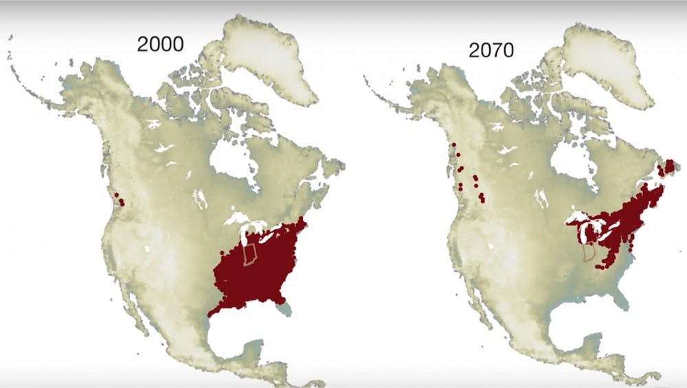 This map shows a comparison of current and projected future species range.