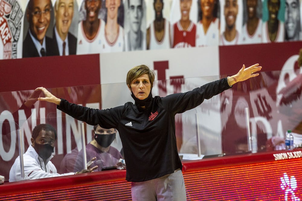 <p>IU women&#x27;s basketball head coach Teri Moren shouts instructions from the sidelines Jan. 31, 2021, during the game against Michigan State in Simon Skjodt Assembly Hall. Indiana had 27 personal fouls while Iowa had 19 on Feb. 21, 2022.</p>