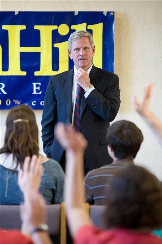 Rep. Baron Hill speaks with students in the Teter Formal Lounge Sunday afternoon.