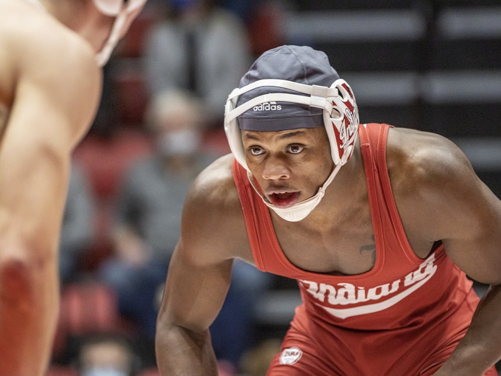 Redshirt sophomore Donnell Washington stares down his Michigan State opponent Jan. 17, 2022, at Wilkinson Hall. Indiana lost to Michigan State 17-15.