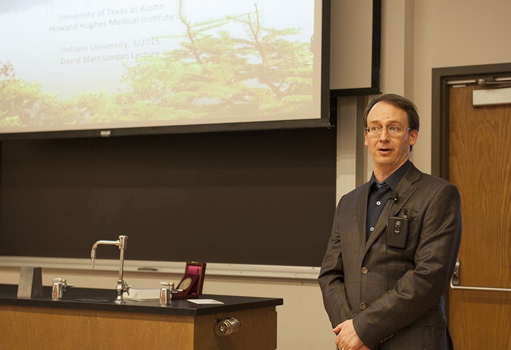 Daniel I. Bolnick, Professor at the University of Texas at Austin, giving his lecture at the David Starr Jordan Prize Award Ceremony and Lecture on Monday at Jordan Hall. Bolnick is this year's recipient of the DAvid Starr Jordan Prize. The Prize is a joint endowment established by Cornell Unviersity, Standford University and IU, institutions that Jordan has ties with. The prize recognizes young scientists whose research contributons are likely to redirect the principal focus of their field.