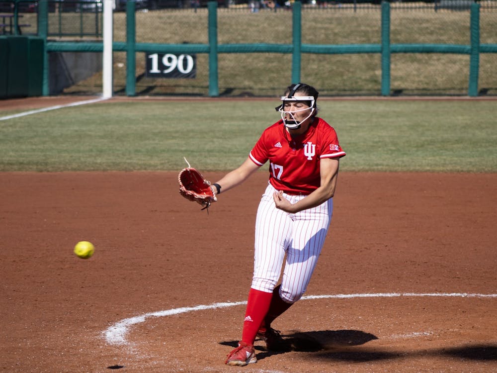 Then-freshman pitcher Heather Johnson throws a pitch against Western Illinois University on March 5, 2022. Indiana went 3-2 over the weekend.