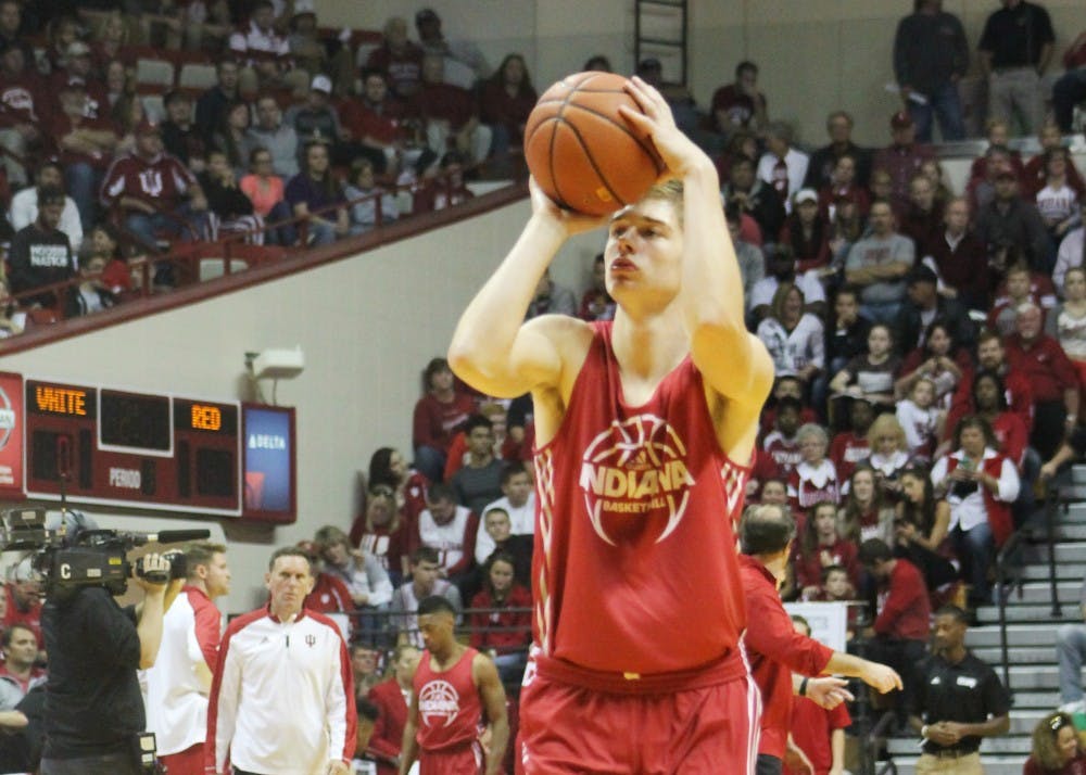 Then-freshman Grant Gelon, now a sophomore, shoots in the three-point contest during 2016 Hoosier Hysteria at Assembly Hall. Gelon left the IU program this summer and will reportedly join the Missouri State program for the 2018-19 season.
