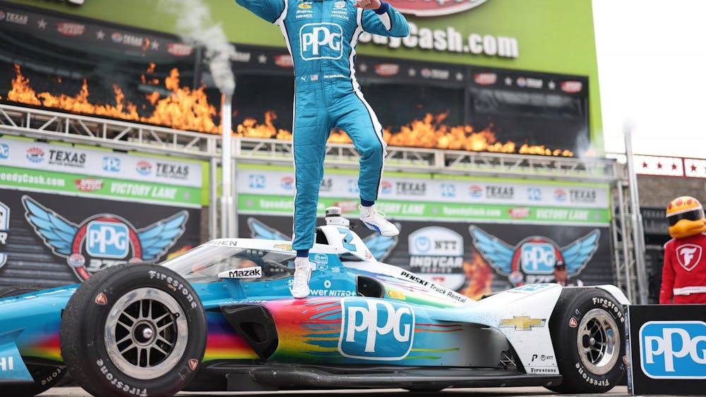 Josef Newgarden celebrates after a win in the PPG 375 April 2, 2023, at the ﻿Texas Motor Speedway.