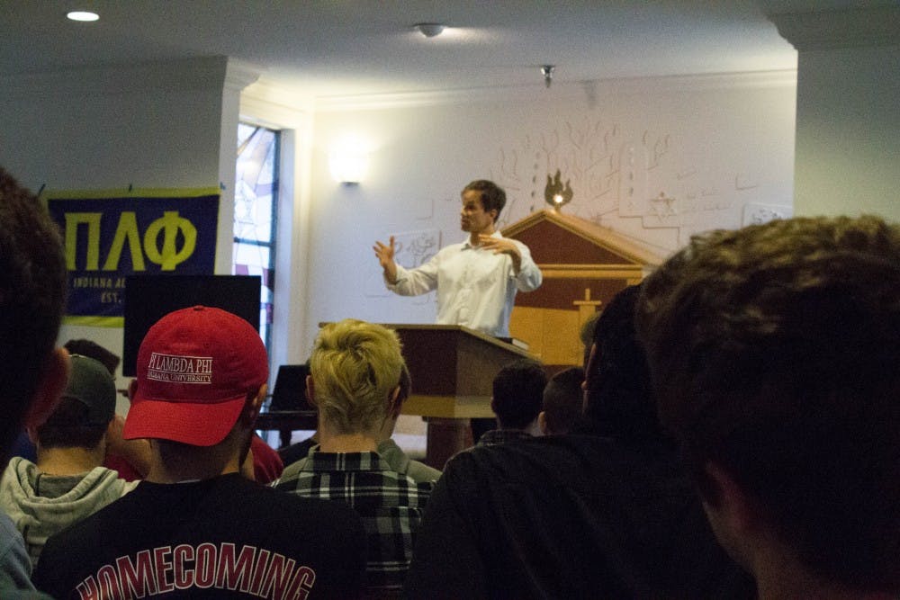 Members of Pi Lambda Phi listen to professor Günther Jikeli give an anti-Semitism speech Oct 16 in the Helene G. Simon Hillel Center.