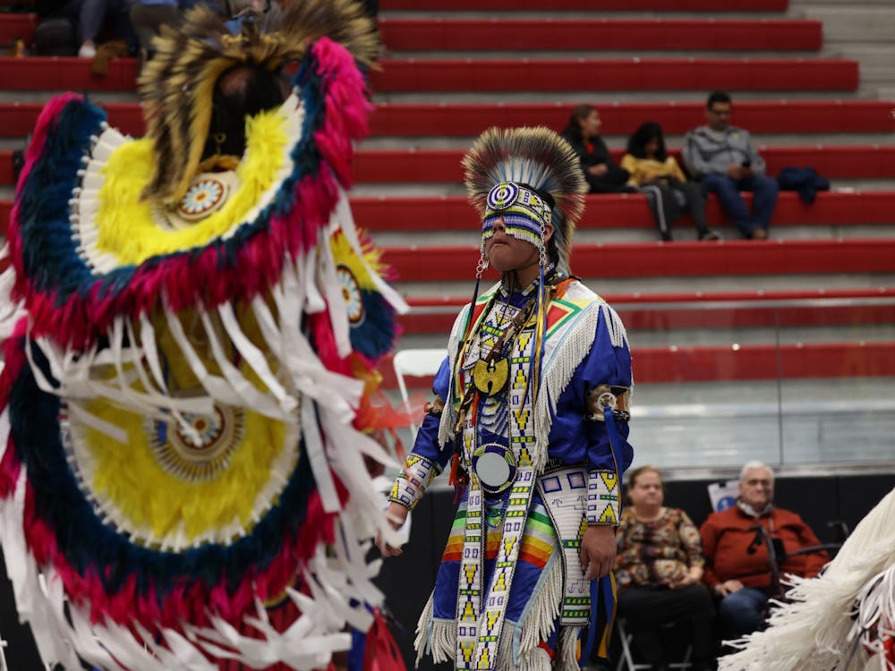 Windy Woundedeye is seen participating in intertribal during the IU Powwow on April 1, 2023. Everyone was encouraged to participate in intertribal. 