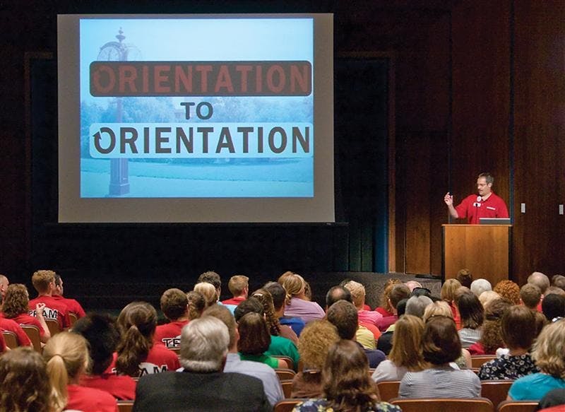Director of Orientation Programs Jack Rhodes addresses an audience at the Office of Orientation Programs "Orientation to Orientation" presentation June 6, 2008 in Whittenberger Auditorium.