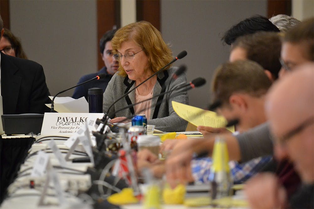 Vice Provost for Faculty and Academic Affairs Eliza Pavalko speaks about a member that died during the Bloomington Faculty Council meeting Tuesday afternoon in Presidents Hall.