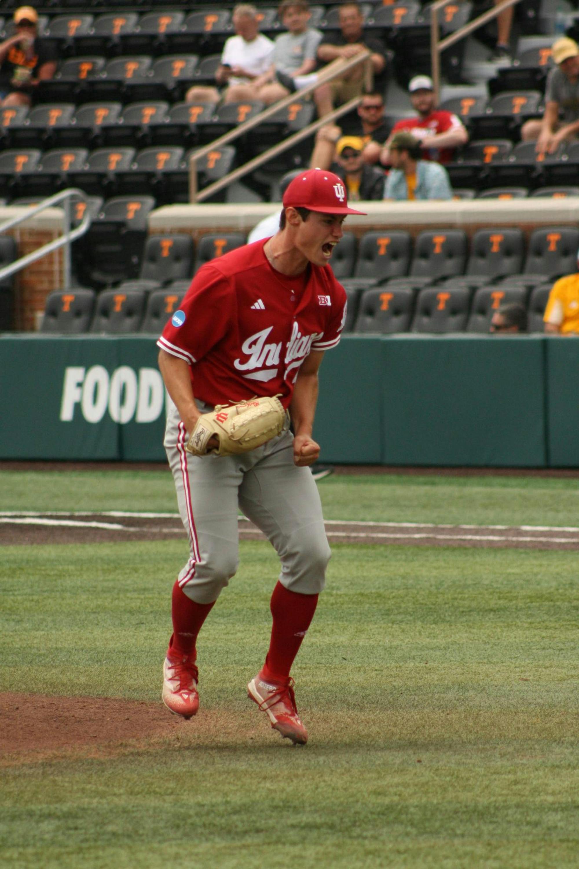 Indiana pitcher Ty Bothwell celebrates after a strikeout against the University of Southern Mississippi in the Knoxville Regional on May 31. Bothwell struck out nine Golden Eagles in 5.2 innings.