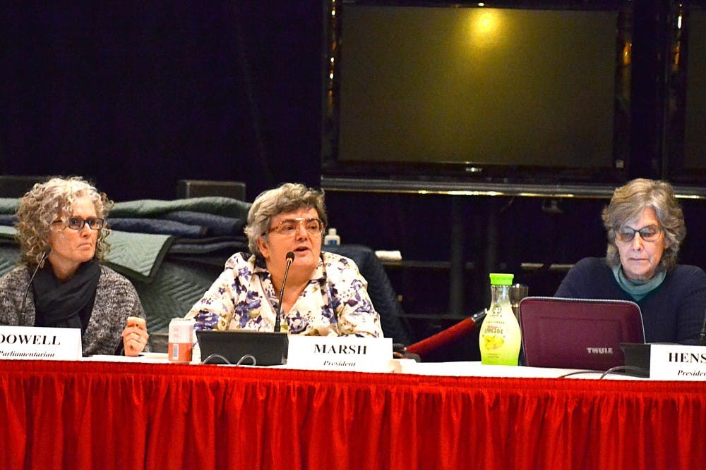 <p>Council President Moira Marsh speaks during the Bloomington Faculty Council meeting Oct. 23 in the Radio-Television Building. The council is made up of elected faculty members that oversee IU.&nbsp;</p>