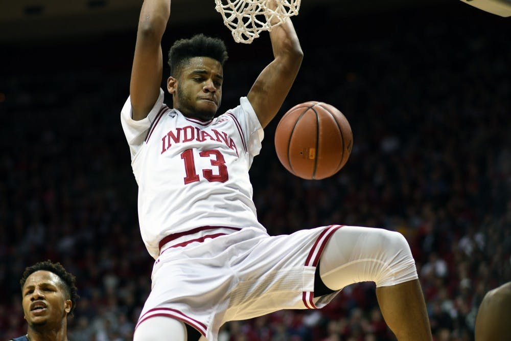 <p>Junior forward Juwan Morgan dunks the ball against Penn State on Jan. 9 in Simon Skjodt Assembly Hall. Morgan had 21 points and 11 rebounds in IU's 74-70 win against Penn State.</p>