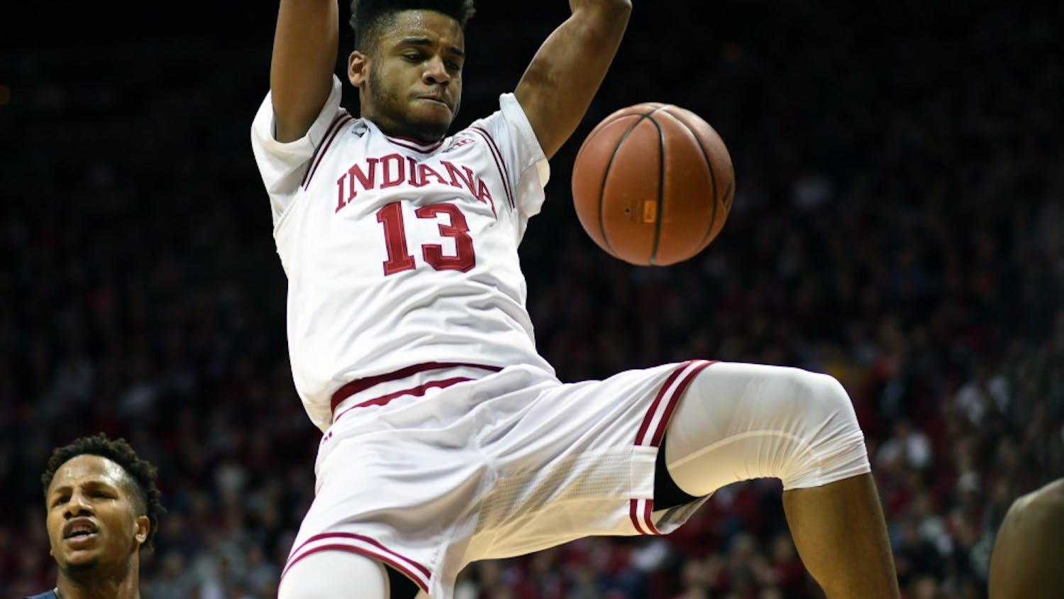 Junior forward Juwan Morgan dunks the ball against Penn State on Jan. 9 in Simon Skjodt Assembly Hall. Morgan had 21 points and 11 rebounds in IU's 74-70 win against Penn State.