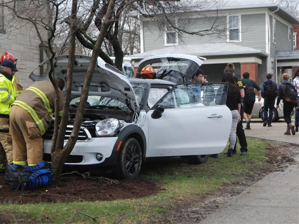 An empty Mini Cooper crashed into a tree outside of Collins Living-Learning Community at about 3:40 p.m. Thursday. The vehicle rolled through traffic and past crowds of students. No major injuries were reported, and no one at the scene was taken for immediate medical attention. 