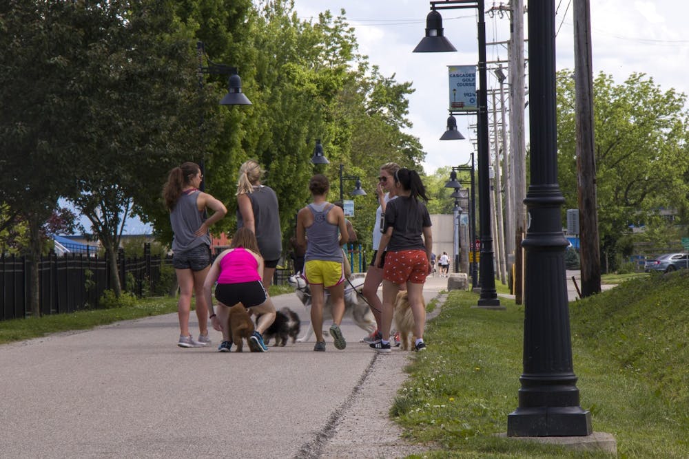 <p>Dog walkers congregate May 28, 2020, on the B-Line Trail. The city will construct a multiuse path on the north and east sides of Fountain Drive and Crescent Road to West 17th Street.  </p>