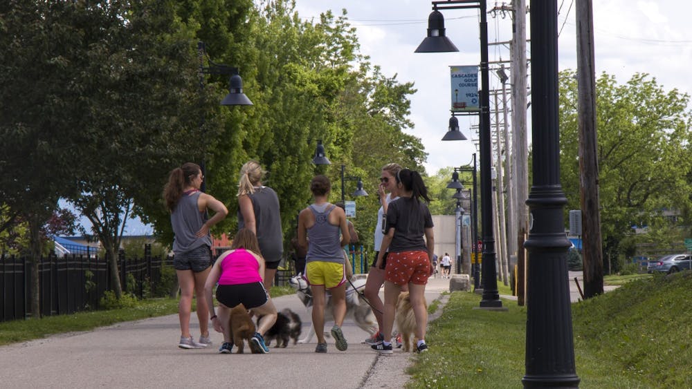 Dog walkers congregate May 28, 2020, on the B-Line Trail. The city will construct a multiuse path on the north and east sides of Fountain Drive and Crescent Road to West 17th Street.  