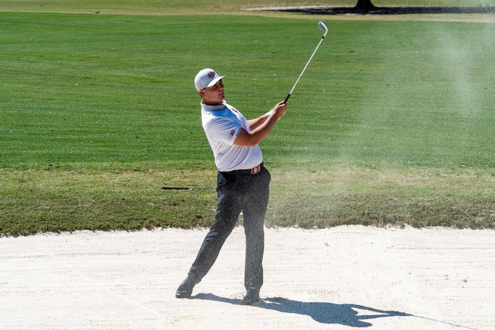 <p>Freshman Drew Salyers swings his golf club during the General Hackler Championship on March 14 in Myrtle Beach, South Carolina. Tuesday is the last day of the championship. </p>