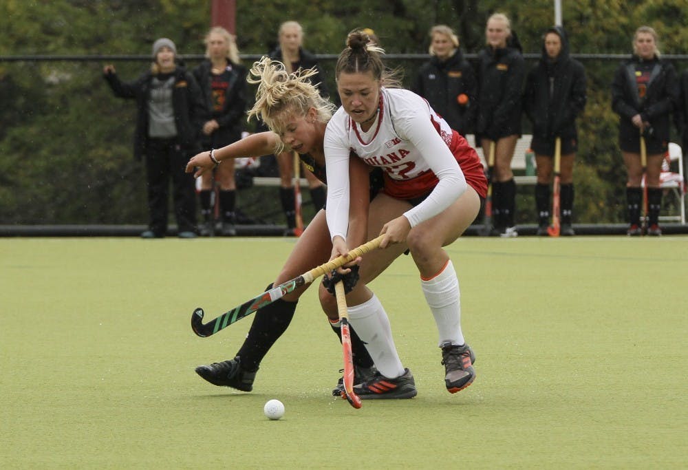 <p>Now-senior forward Sheridan Weiss blocks Maryland player Hannah Bond from the ball Oct. 12, 2018, at the IU Field Hockey Complex. IU will travel to Muncie, Indiana, on Friday to take on Ball State in an exhibition game.</p>