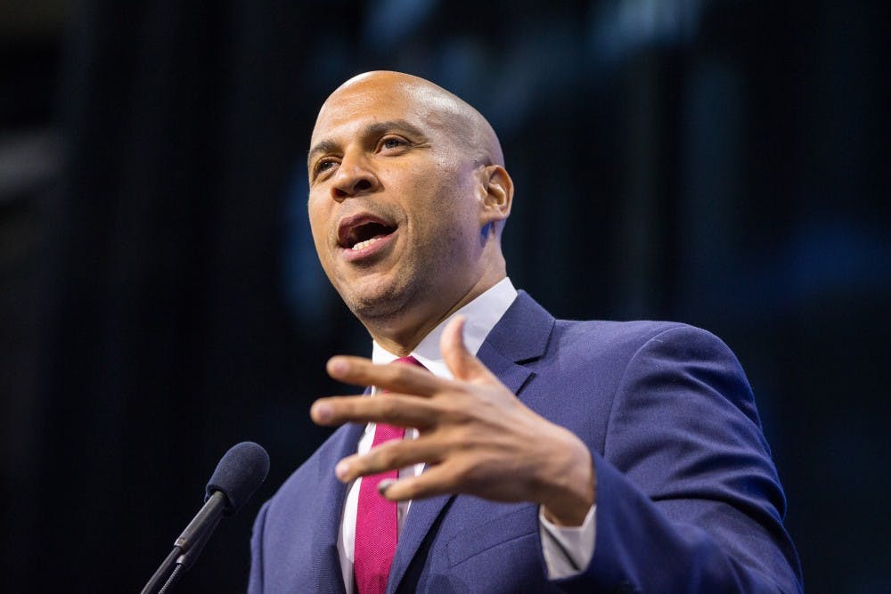 Democratic presidential candidate Sen. Cory Booker (D-NJ) speaks at the New Hampshire Democratic Party Convention at the SNHU Arena Sept. 7 in Manchester, New Hampshire.