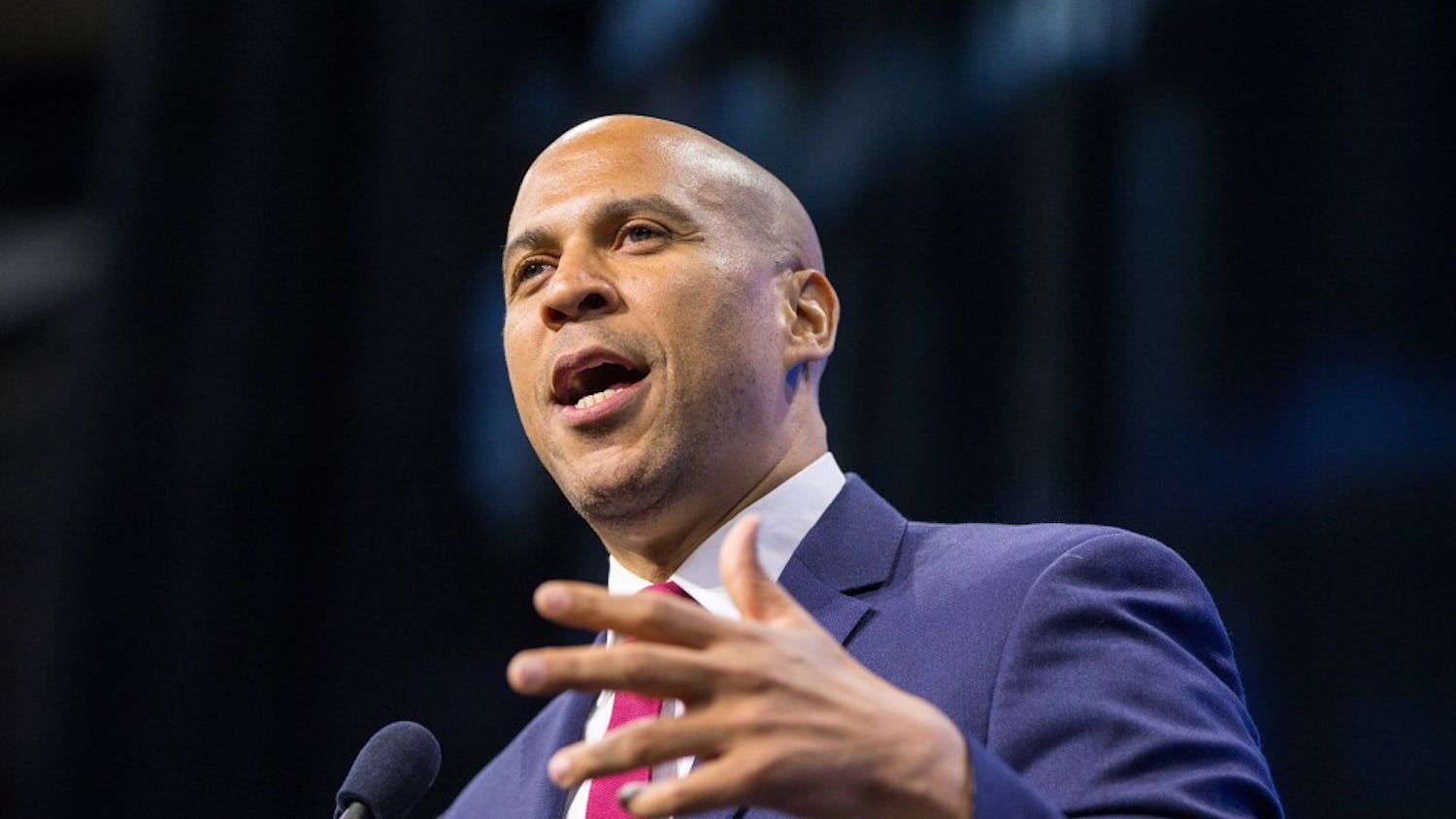 Democratic presidential candidate Sen. Cory Booker (D-NJ) speaks at the New Hampshire Democratic Party Convention at the SNHU Arena Sept. 7 in Manchester, New Hampshire.